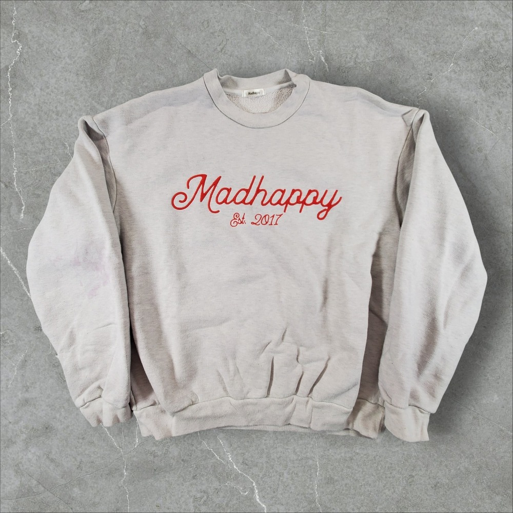 Madhappy Sweatshirt Women L Oatmeal Peace Sign Graphic Embroidered Logo Pullover